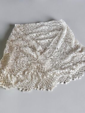 Crochet Lace Shawl White Boho Wrap Fringe Cottagecore Gift for Her
